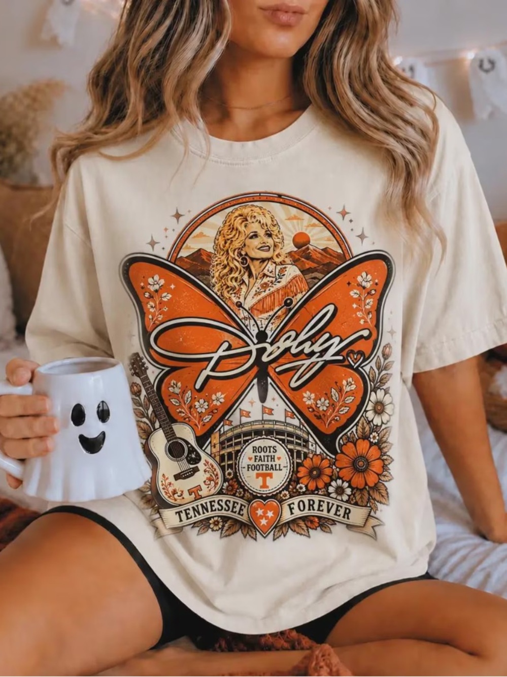 Off White Short-Sleeve Tee with Orange Dolly Butterfly Graphic